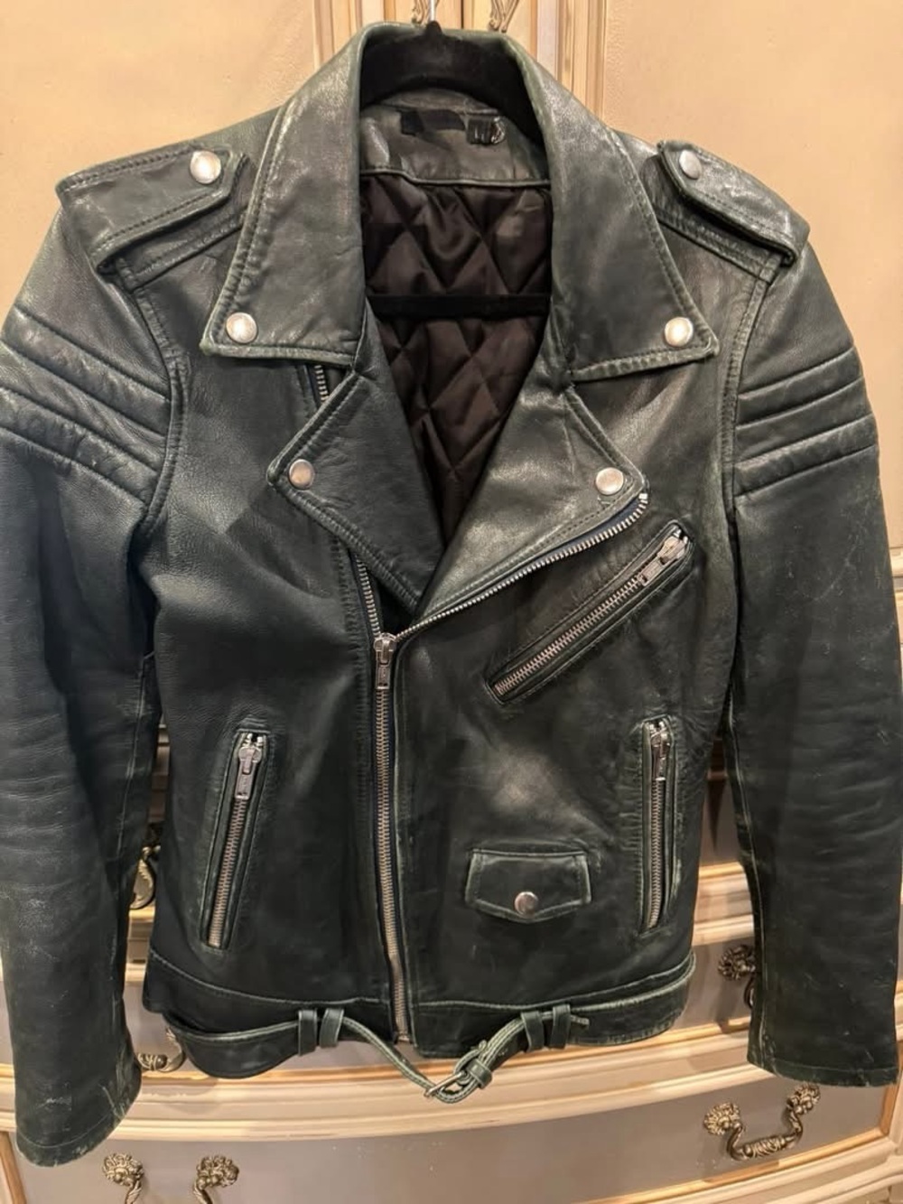 BLK DNM Dark Green Leather Moto Biker Jacket, XS/S